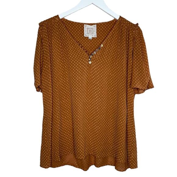 Johnny Was Tops - Johnny Was Brown Archer Flare Top Viscose Cotton Blend Lightweight Blouse Large